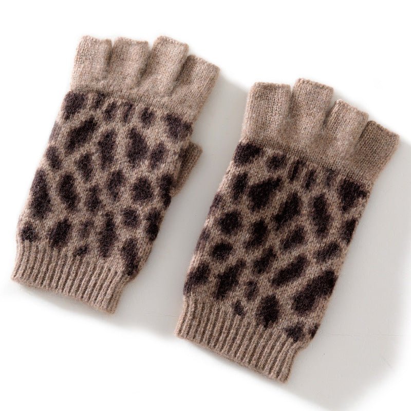 Womens Leopard Print Cashmere Gloves Knitted Half - finger Gloves