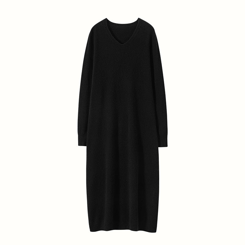 Women's Long Cashmere Dresses V Neck Cashmere Knitted Dress Slim Fit Basic Dress Women Cashmere Dress