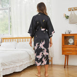 100% Silk Long Kimono Robe with Belt Women's Nighties Crane Prints - slipintosoft