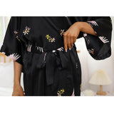 Long Silk Kimono Robe with Belt Crane Prints Women's Silk Robe - slipintosoft