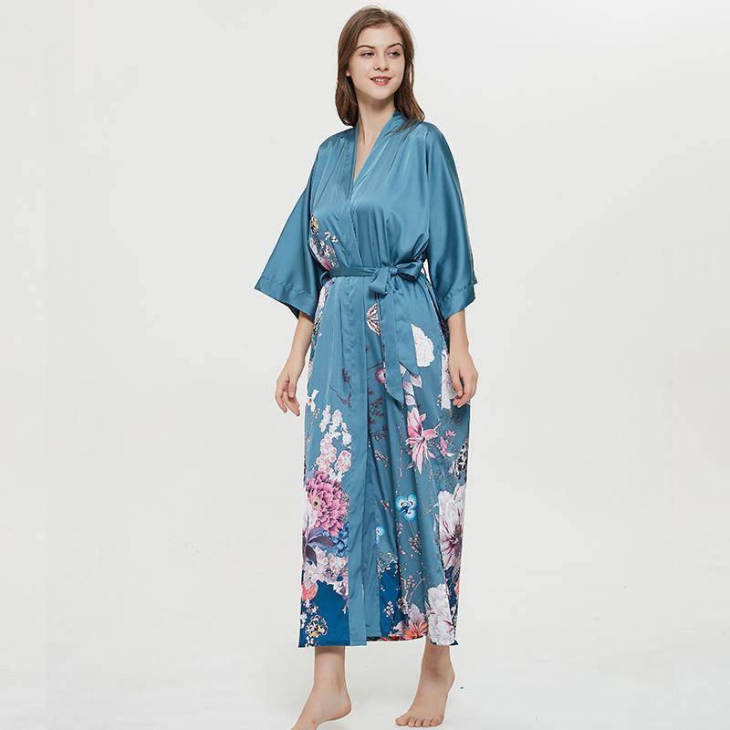 Women's 100% Silk Kimono Robe Blue Floral Printed 3/4 Sleeves Japanese Bath Robes All Sizes - slipintosoft