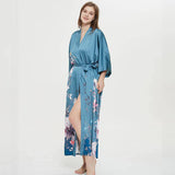 Women's 100% Silk Kimono Robe Blue Floral Printed 3/4 Sleeves Japanese Bath Robes All Sizes - slipintosoft