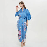 Women's 100% Silk Kimono Robe Blue Floral Printed 3/4 Sleeves Japanese Bath Robes All Sizes - slipintosoft