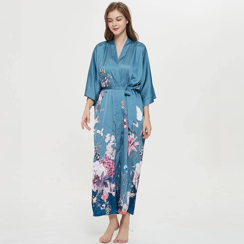 Women's 100% Silk Kimono Robe Blue Floral Printed 3/4 Sleeves Japanese Bath Robes All Sizes - slipintosoft