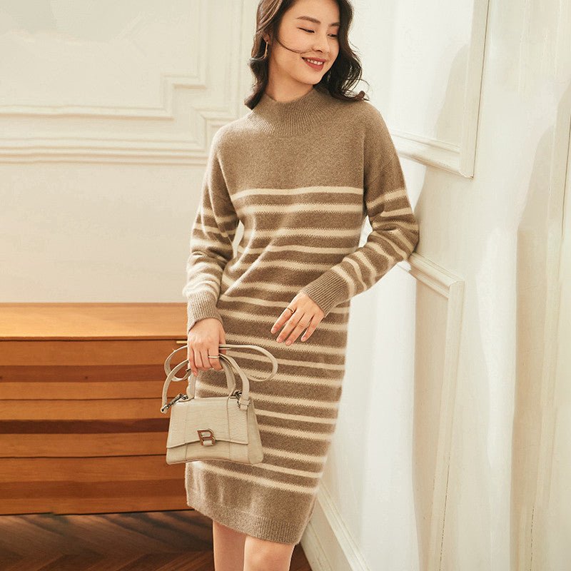 Women's Mock Neck Cashmere Dress Striped Midi Cashmere Sweater Dresses - slipintosoft