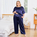 Plus Size Women's Silk Pajamas Set Short Sleeve Long Pants Silk Sleepwear - slipintosoft