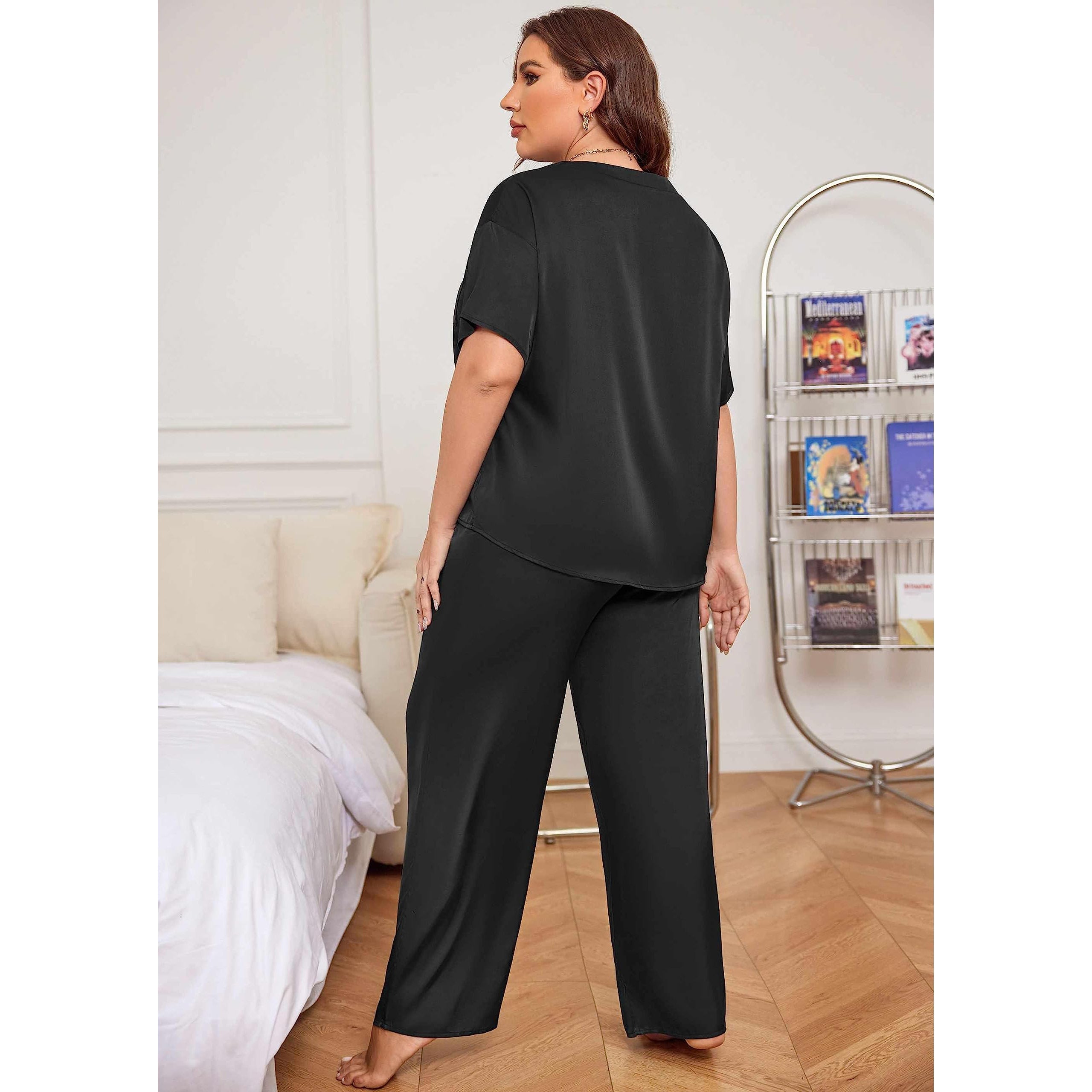 Plus Size Women's Silk Pajamas Set Short Sleeve Long Pants Silk Sleepwear - slipintosoft