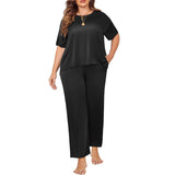 Plus Size Women's Silk Pajamas Set Short Sleeve Long Pants Silk Sleepwear - slipintosoft