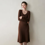 Womens Ribbed Cashmere Knit Midi Dress V Neck Flared Sleeve Cashmere Sweater Dress Coffee XS