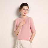Womens Short Sleeve Cashmere Sweater Crew Neck Cashmere Knit Pullover Pink XS
