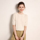 Womens Short Sleeve Cashmere Sweater Crew Neck Cashmere Knit Pullover Ivory XS
