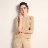 Womens Short Sleeve Cashmere Sweater Crew Neck Cashmere Knit Pullover Beige XS