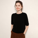 Womens Short Sleeve Cashmere Sweater Crew Neck Cashmere Knit Pullover Black XS