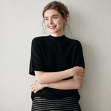 Womens Short Sleeve Cashmere Sweater Mock Neck Cashmere Knit Top Black XS