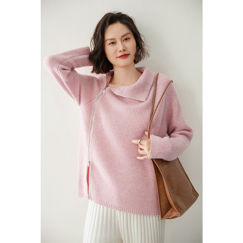 Women's Sideling Zip-up Cashmere Sweater Knitted Turtleneck Cashmere Pullover - slipintosoft