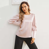 Womens 100% Silk Blouse Ladies Long Sleeve Work Crew Neck Silk Shirts Top - slipintosoft