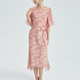 Womens Silk Chiffon Midi Dress Ruffle Sleeves Floral Silk Dress Waist Tie Pink XS
