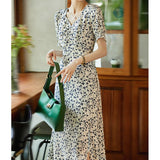 Womens Silk Floral Dress Silk Midi Dress V Neck Ruched Summer Dress White XS