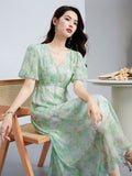 Womens Silk Floral Dress V Neck Silk Midi Dress Short Sleeve Flowing Skirt Green XS