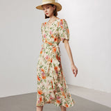 Womens Silk Floral Dress with Puff Sleeve Silk Midi Wrap Dress Spring Summer Beige XS