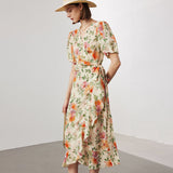 Womens Silk Floral Dress with Puff Sleeve Silk Midi Wrap Dress Spring Summer Beige XS
