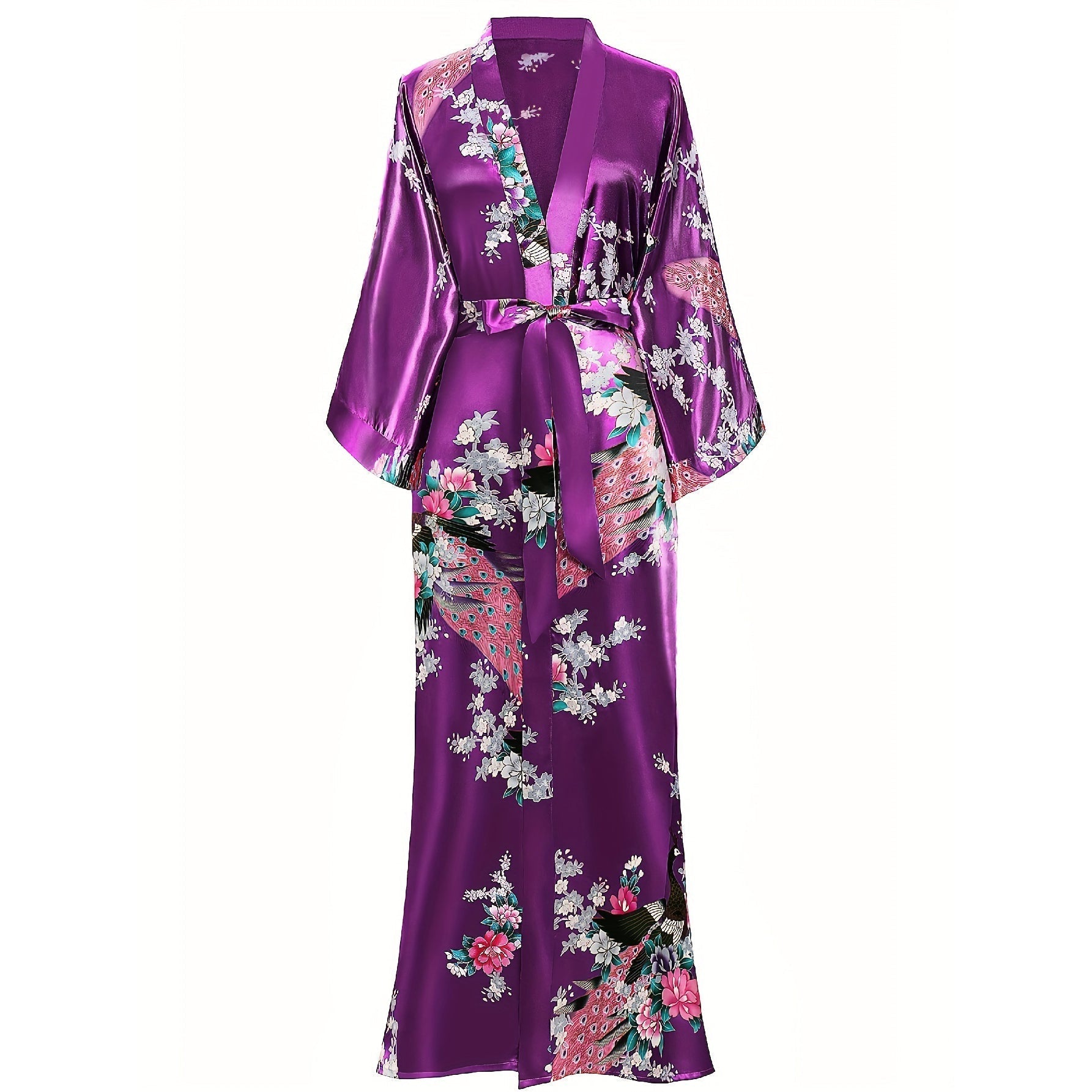 Womens Silk Kimono Peacock and Floral Print Kimono Silk Long Silk Robe
