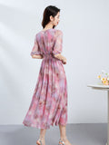 Womens Silk Midi Dress with Puff Sleeves Crew Neck Silk Floral Dress Pink XS