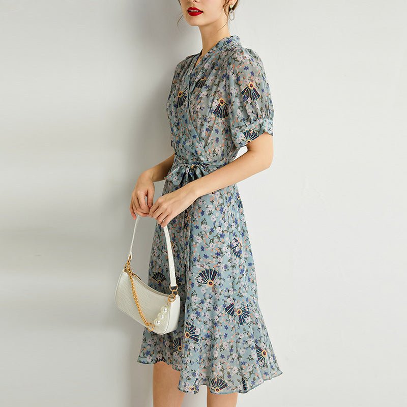 Womens Silk Wrap Midi Dress Fan Motif Ruffled Hem Blue Silk Dress