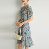 Womens Silk Wrap Midi Dress Fan Motif Ruffled Hem Blue Silk Dress