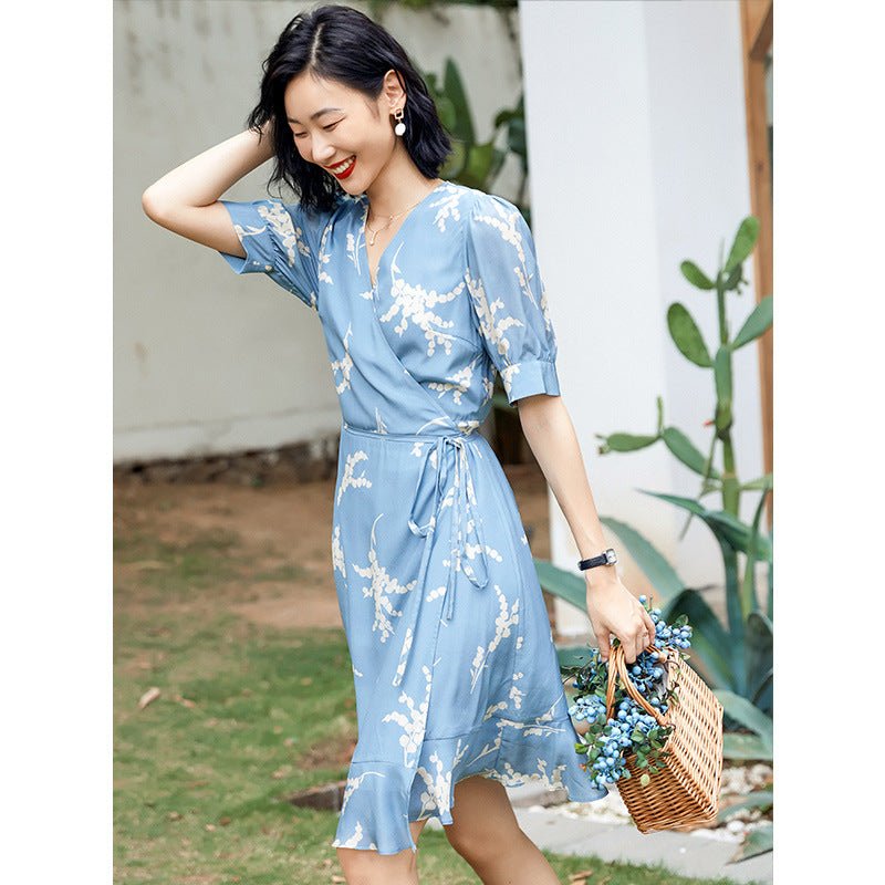 Womens Silk Wrap Mini Dress Puff Sleeve Floral Print Blue Silk Dress