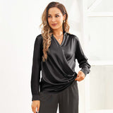 Womens Long Sleeves Loose Wrap Silk Blouse - slipintosoft