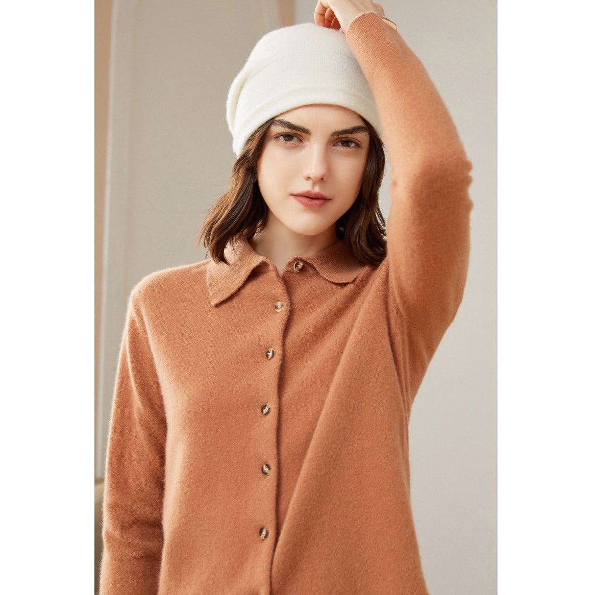 Women's Solid Color 100% Cashmere Button-Down Polo-Neck Cardigan - slipintosoft