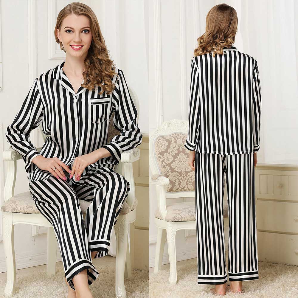 Womens Striped Long Sleeve Silk Pajamas Set - slipintosoft