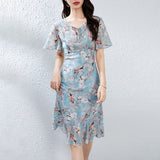 Womens Tie Neck Silk Floral Dress Silk Midi Dress with Flutter Sleeves Blue XS