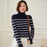 Womens Turtleneck Cashmere Sweater Striped Cashmere Knit Pullover Navy Blue XS