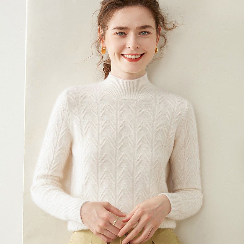 Womens Turtleneck Cashmere Sweater Textured Cashmere Knit Pullover Multi Colors White XS