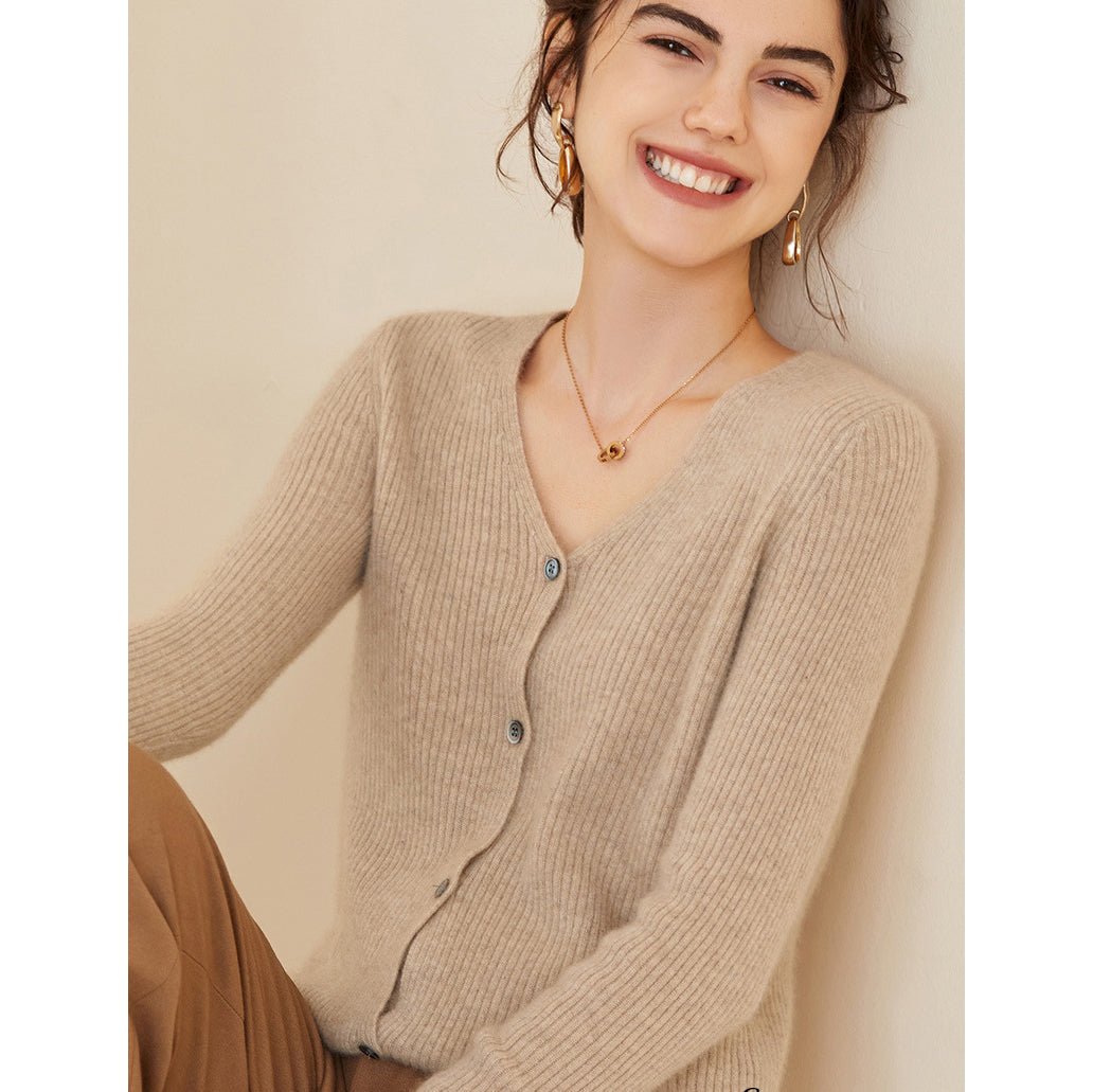 Women's V-Neck Button Cashmere Cardigan Long Sleeve Cashmere Cardigan - slipintosoft