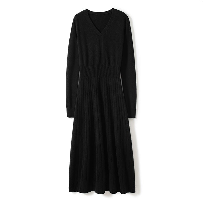 Womens Cashmere Ribbed Knit A - Line Dress Long Sleeve V Neck Midi Dress