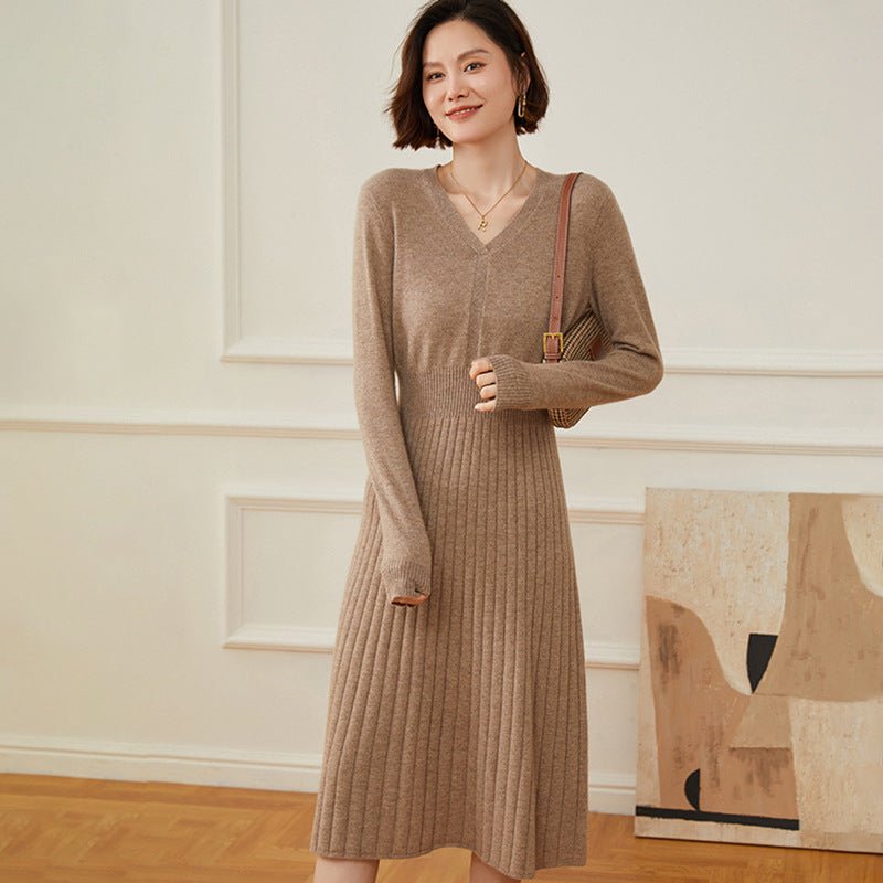 Womens Cashmere Ribbed Knit A - Line Dress Long Sleeve V Neck Midi Dress