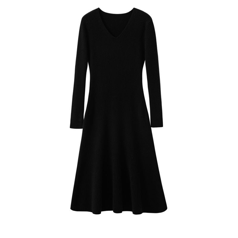 Abito Midi in Cashmere a Coste con Collo a V e Orlo Svasato, Modello a Sirena