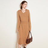 Women's V Neck Cashmere Dresses Tea Length Cashmere Waistband Midi Dresses - slipintosoft