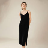 Women's V Neck Cashmere Slip Dresses Solid Cashmere Dress with Split Tea Length - slipintosoft