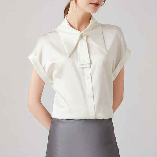 22 Momme Elegant Silk Blouse 100% Silk Short Sleeves Silk Womens Shirt Casual Office Work Tops - slipintosoft