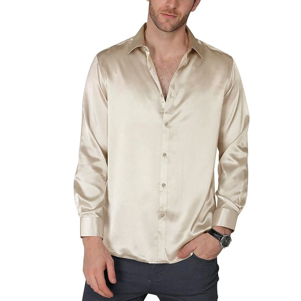 Camicia elegante in seta di lusso da uomo Camicie da smoking aderenti senza pieghe in seta casual da ballo a maniche lunghe