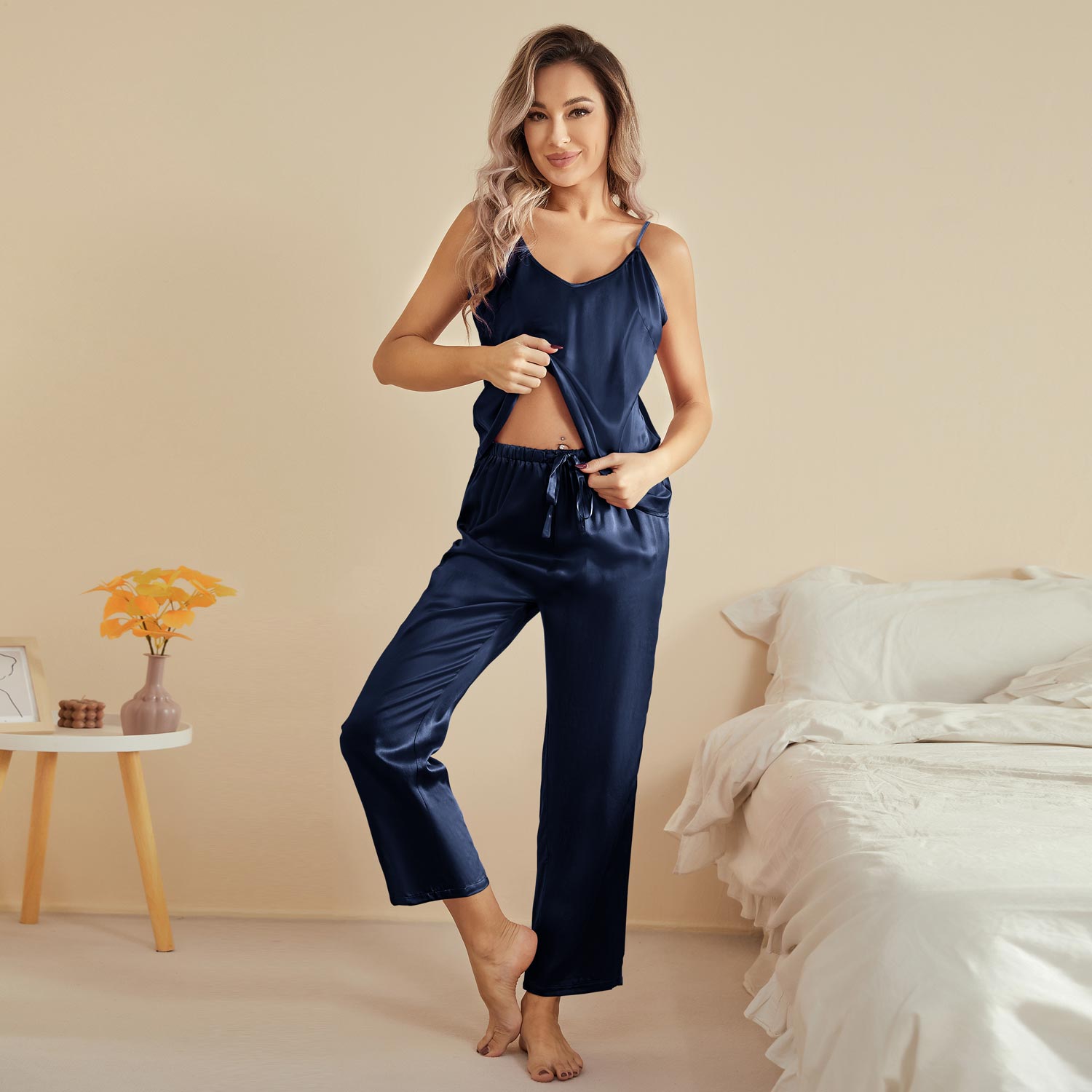 Classic V Neck Silk Camisole Pajama Set For Womens Sleeveless Silk Sleepwear - slipintosoft