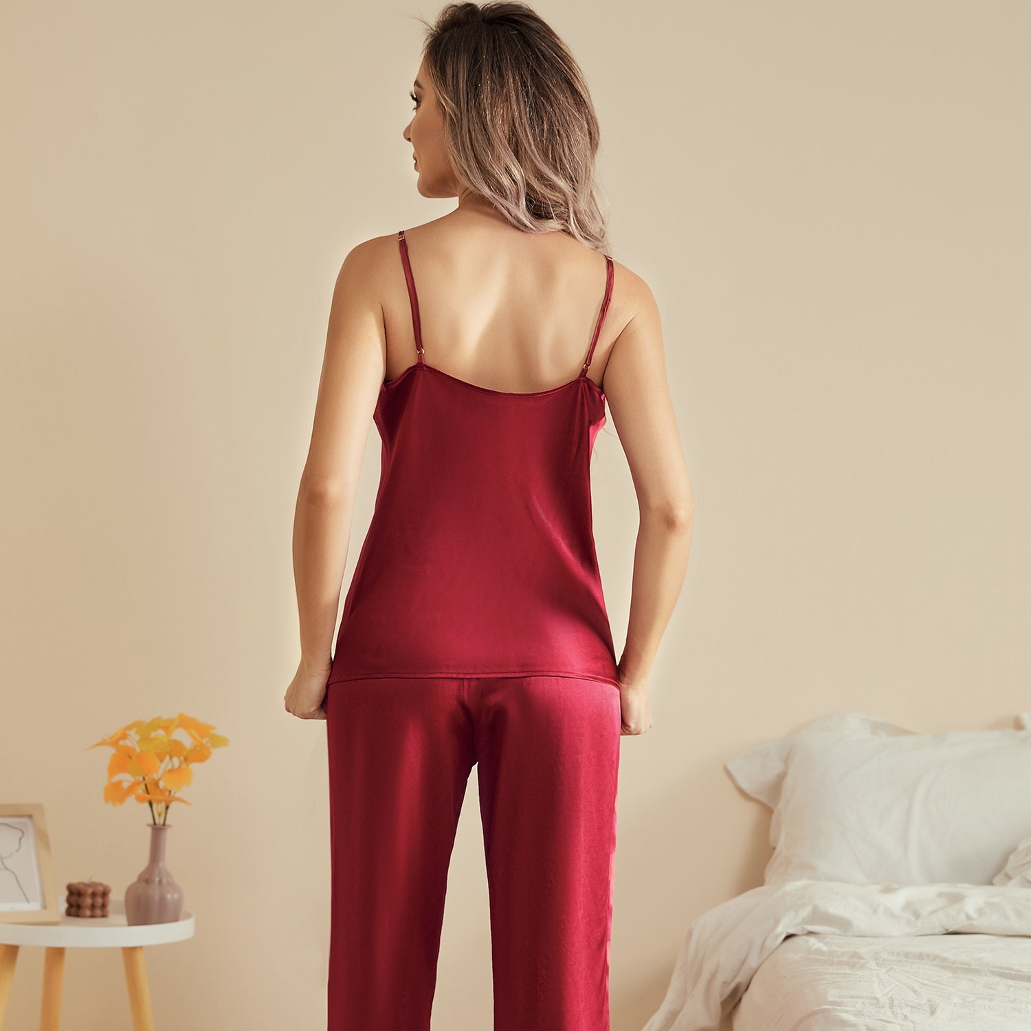 Classic V Neck Silk Camisole Pajama Set For Womens Sleeveless Silk Sleepwear - slipintosoft