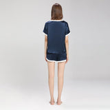 Contrast Color Short Sleeved Silk Pajama Set for Women Short Silk Sleepwear - slipintosoft