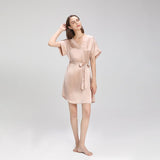 Elegant V Neck Silk Nightgown with belt Women Short Sleeves Luxury Nightwear Silk Dress - slipintosoft