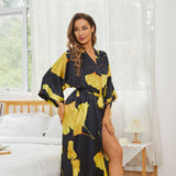 Long Sleeves 100% Pure Silk Kimono Robe Gold Ginkgo Leaf Nightwear for Ladies Women - slipintosoft