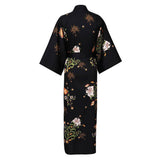 Abito lungo in kimono di seta, stampe di fiori di ciliegio nero di lusso con cintura, tutte le taglie